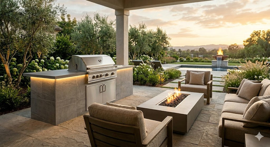 Luxury outdoor living space with built-in BBQ island, rectangular fire pit table, and water feature at sunset