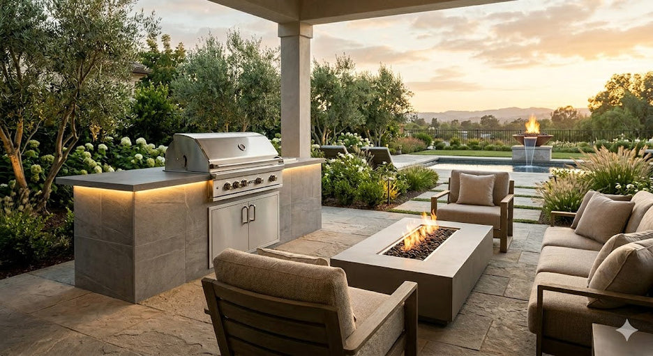 Luxury outdoor living space with built-in BBQ island, rectangular fire pit table, and water feature at sunset