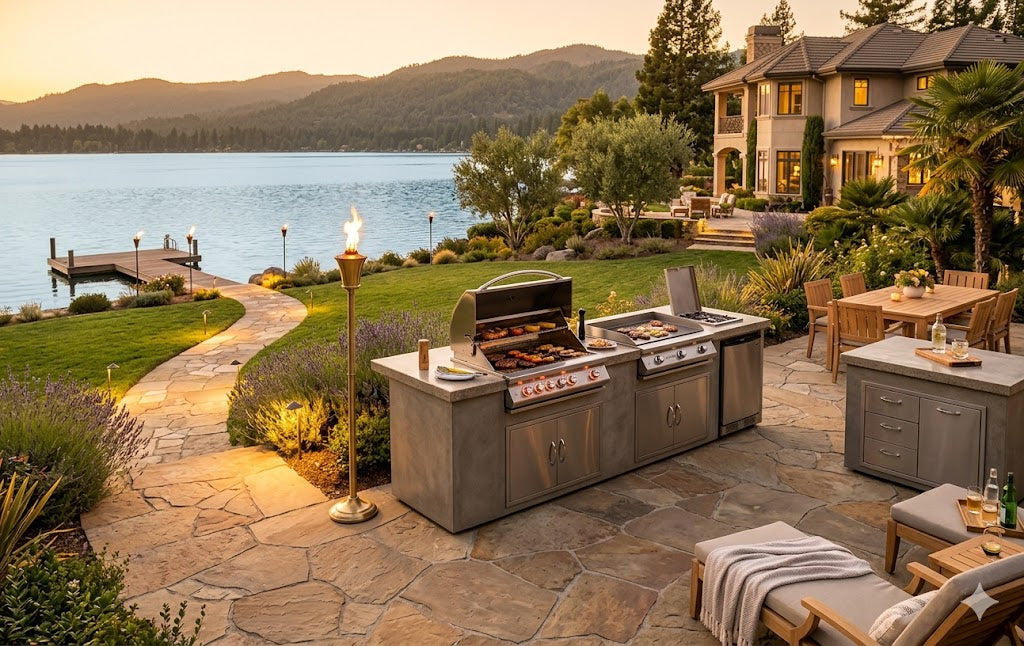 9:10 PMClaude responded: > Premium outdoor BBQ island with built-in grill, stone patio, tiki torches and lakefront luxury home at sunset Premium outdoor BBQ island with built-in grill, stone patio, tiki torches and lakefront luxury home at sunset