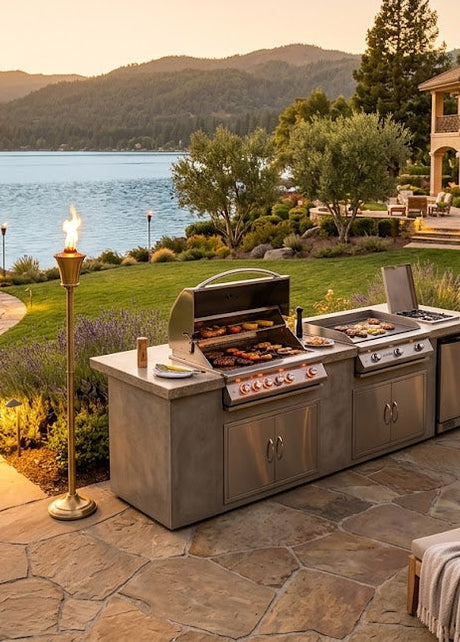 9:10 PMClaude responded: > Premium outdoor BBQ island with built-in grill, stone patio, tiki torches and lakefront luxury home at sunset Premium outdoor BBQ island with built-in grill, stone patio, tiki torches and lakefront luxury home at sunset