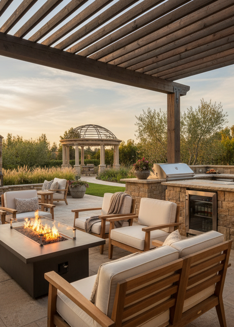 Elegant outdoor living space with linear fire pit table, stone fireplace, outdoor kitchen, pizza oven and pergola at sunset