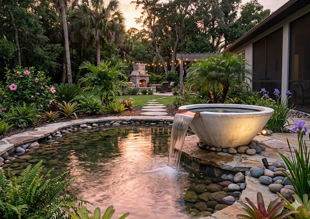 Concrete water bowl with copper spout cascading into garden pond with river rocks, tropical landscaping and stone fireplace at sunset