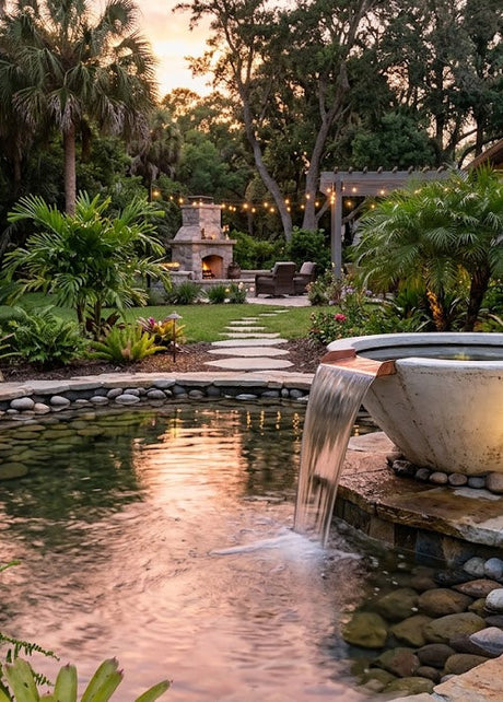 Concrete water bowl with copper spout cascading into garden pond with river rocks, tropical landscaping and stone fireplace at sunset