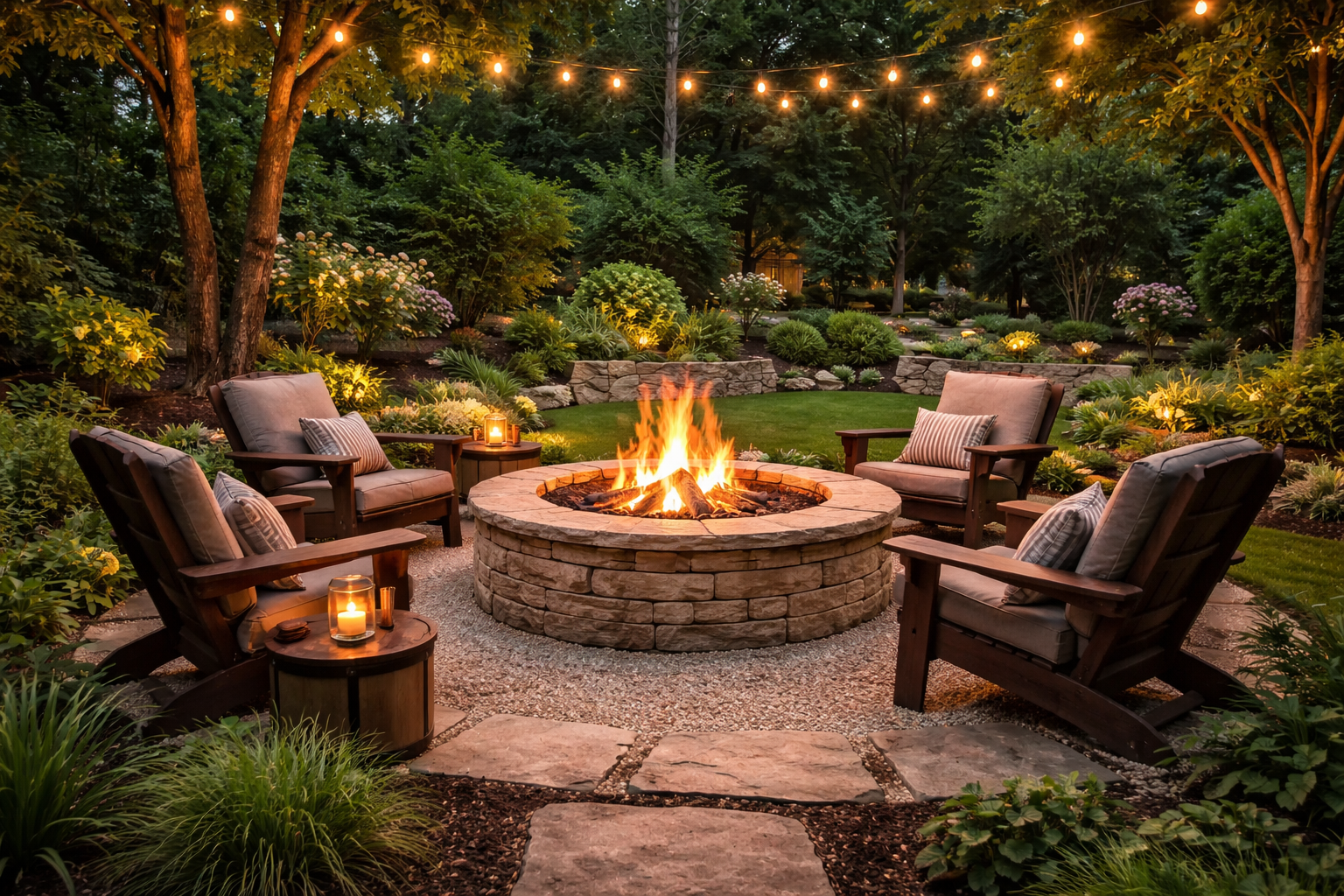 Round stone fire pit with Adirondack chairs, gravel patio, string lights and lush garden landscaping at dusk