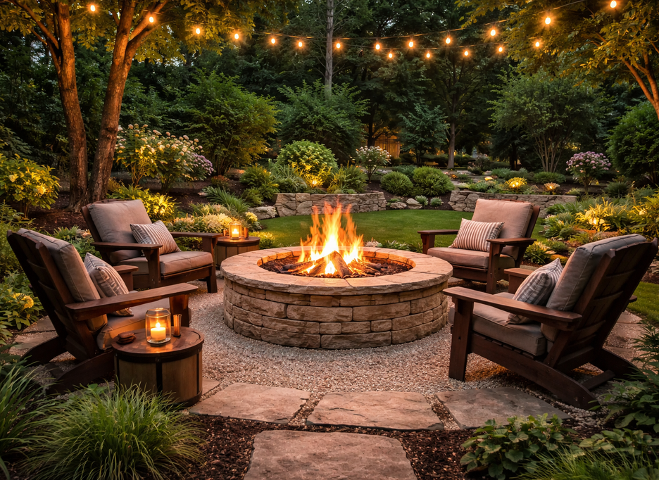 Round stone fire pit with Adirondack chairs, gravel patio, string lights and lush garden landscaping at dusk