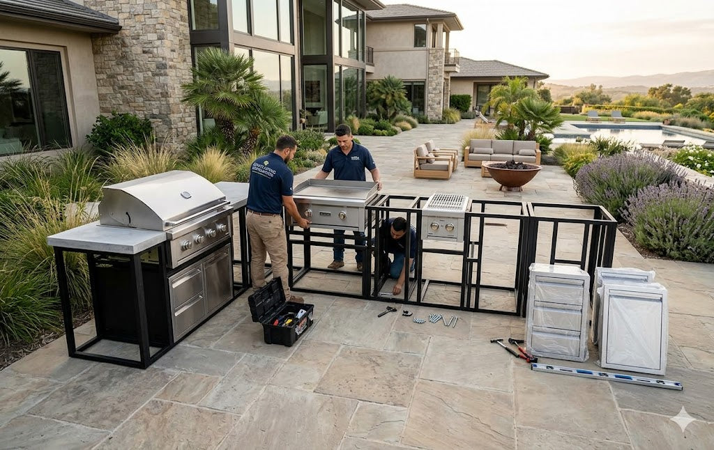 Professional contractors assembling modular outdoor kitchen with built-in grill and griddle on stone patio of luxury home