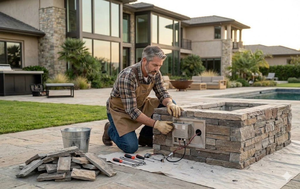 Contractor installing electronic ignition system into stone fire pit enclosure with luxury home and pool in background