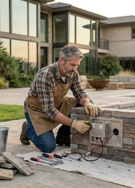 Contractor installing electronic ignition system into stone fire pit enclosure with luxury home and pool in background