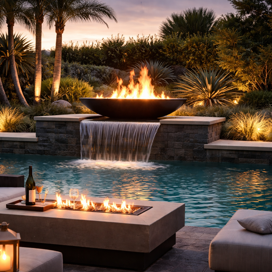 Outdoor fire and water feature with large fire bowl, cascading waterfall into pool, linear fire pit table and lounge seating at dusk