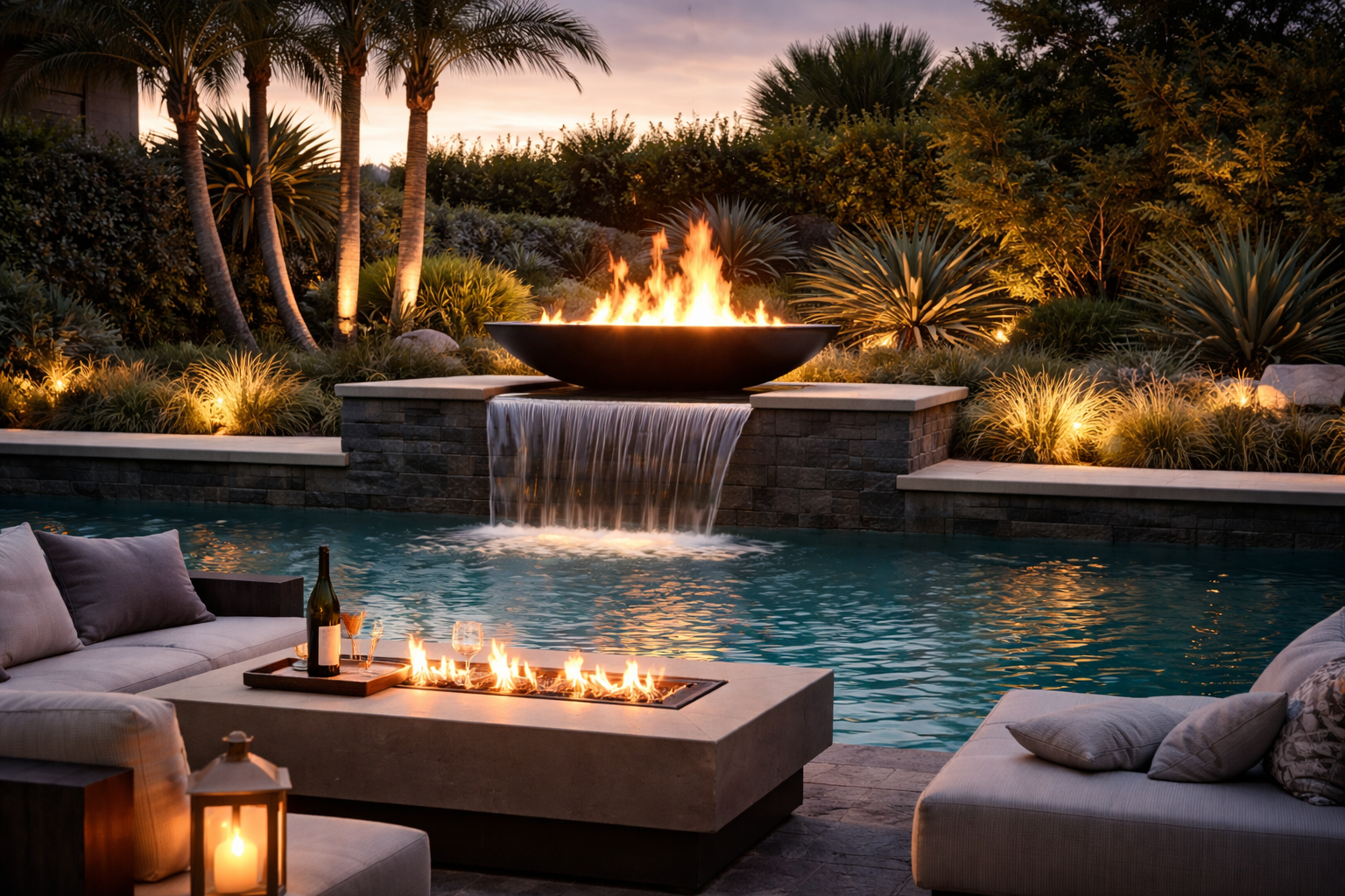 Outdoor fire and water feature with large fire bowl, cascading waterfall into pool, linear fire pit table and lounge seating at dusk