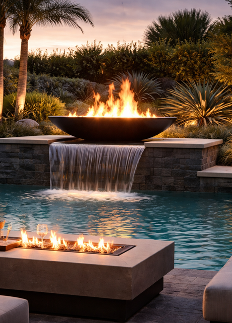 Outdoor fire and water feature with large fire bowl, cascading waterfall into pool, linear fire pit table and lounge seating at dusk
