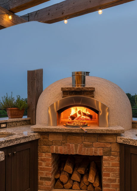 Outdoor wood-fired pizza oven with granite countertop kitchen island, string lights and panoramic view at dusk