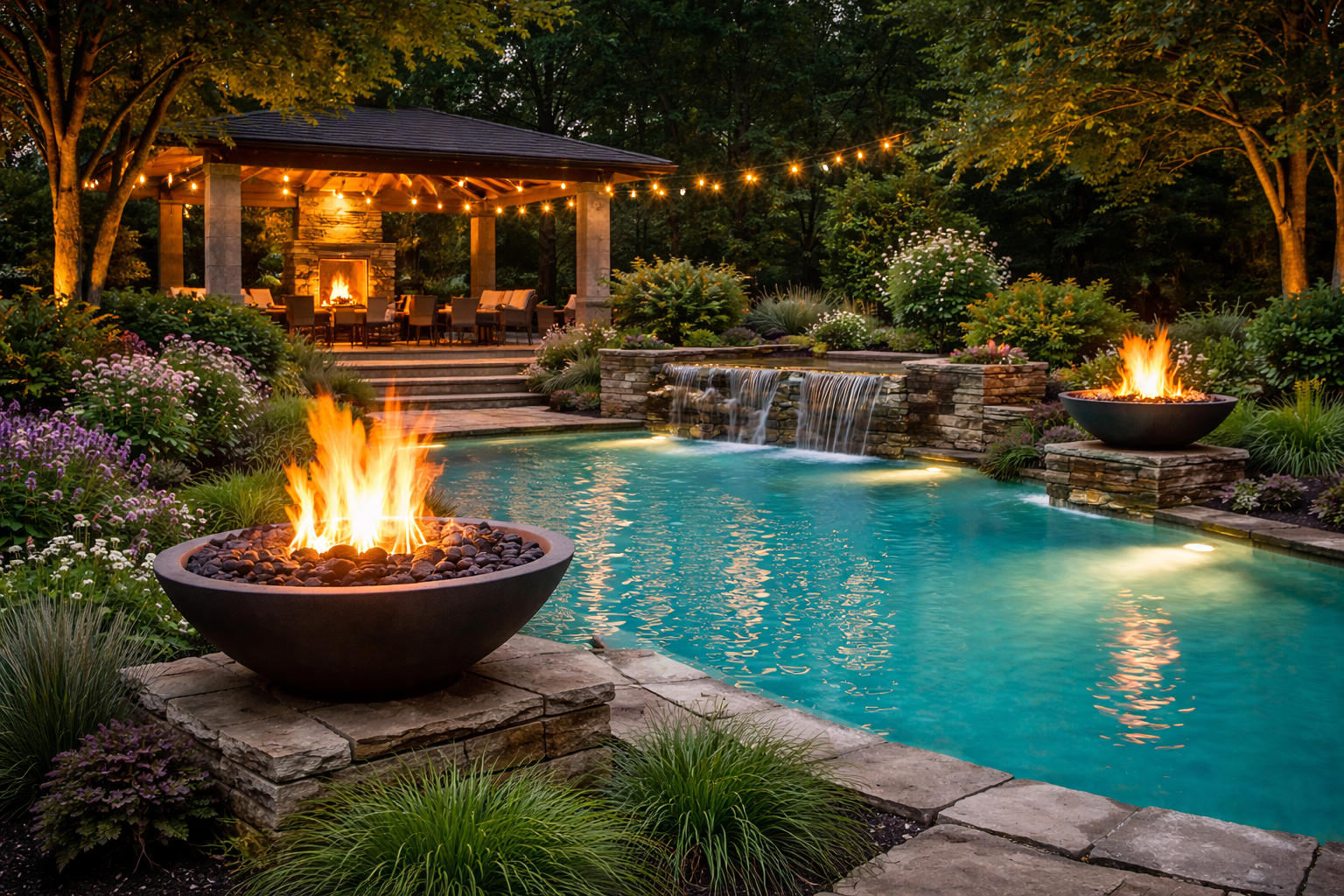 Outdoor fire bowls with lava rock beside illuminated pool, stone waterfall, covered pavilion with fireplace and string lights at dusk