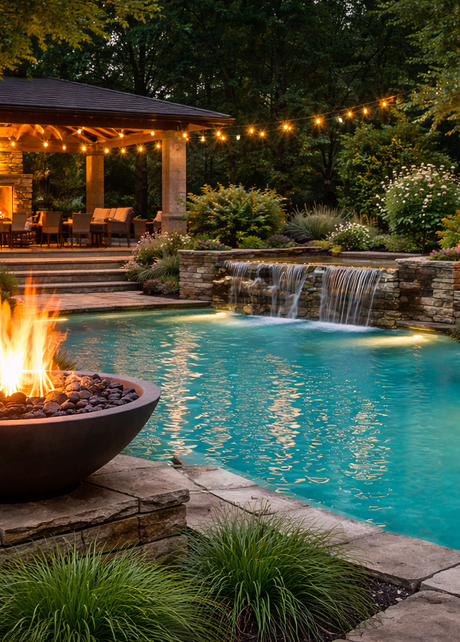 Outdoor fire bowls with lava rock beside illuminated pool, stone waterfall, covered pavilion with fireplace and string lights at dusk