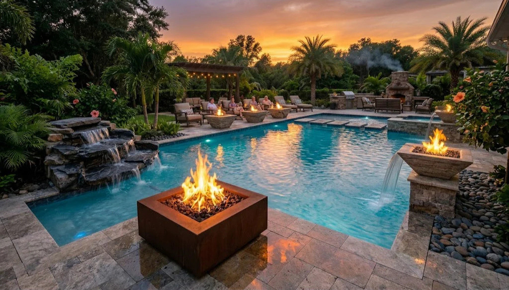 Luxury backyard with square fire pit, swimming pool, waterfall, fire and water bowl features and tropical landscaping at sunset