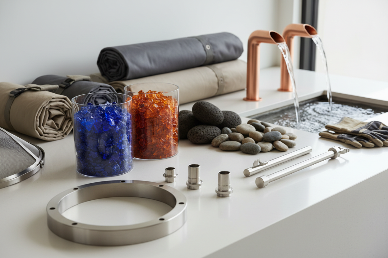 Fire and water feature accessories including fire glass, lava rocks, copper water spouts, stainless steel components and protective covers