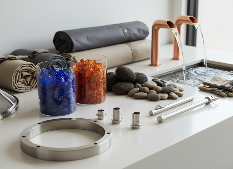 Fire and water feature accessories including fire glass, lava rocks, copper water spouts, stainless steel components and protective covers