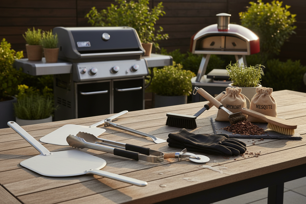 Outdoor grilling accessories including pizza peel, tongs, grill brush, heat gloves and wood chips with gas grill and pizza oven in background