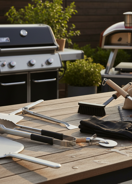 Outdoor grilling accessories including pizza peel, tongs, grill brush, heat gloves and wood chips with gas grill and pizza oven in background