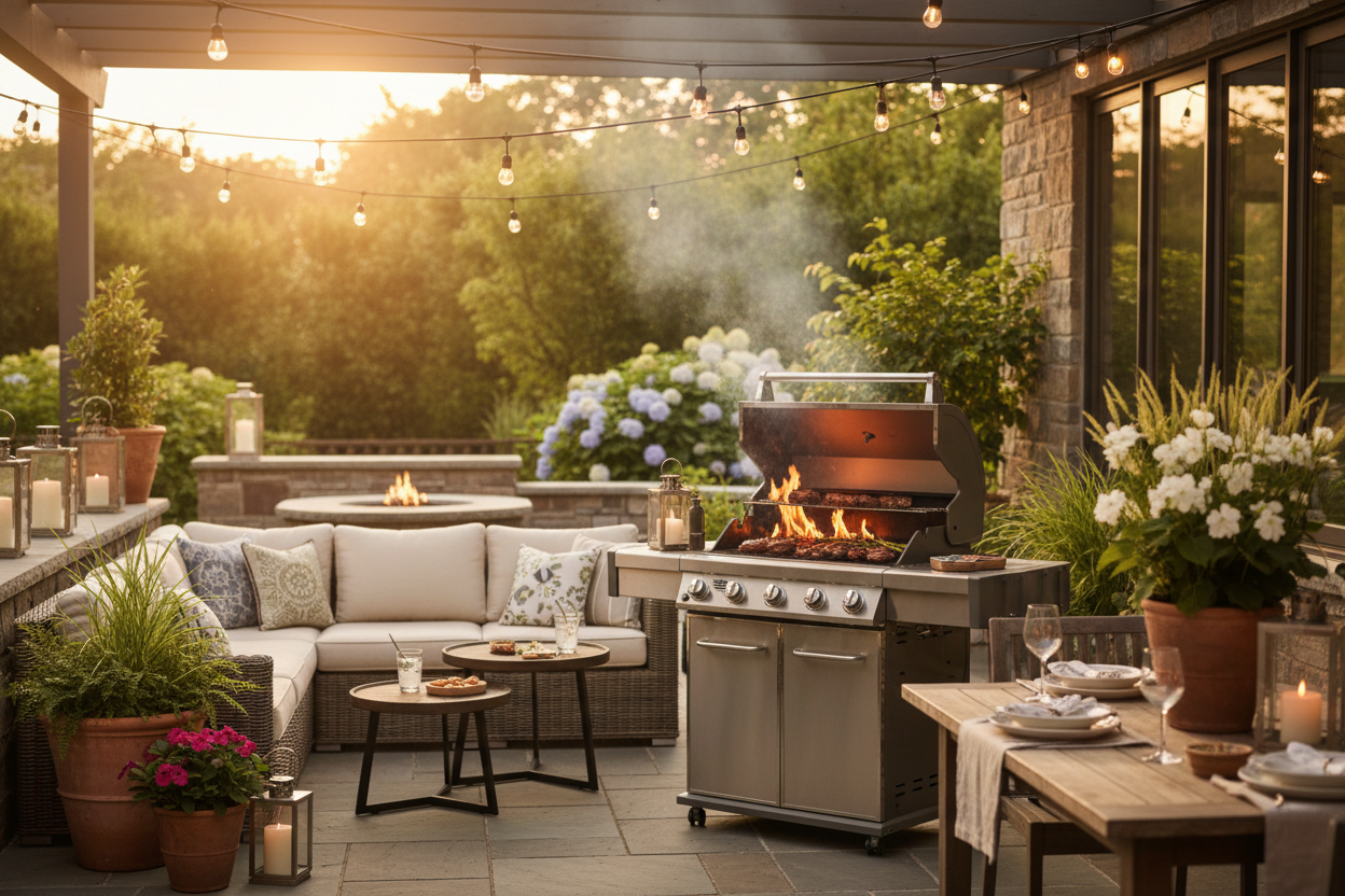 Stainless steel gas grill with open flame on covered patio with outdoor seating, dining table, string lights and garden at sunset
