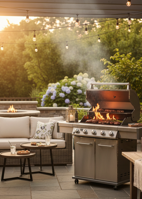 Stainless steel gas grill with open flame on covered patio with outdoor seating, dining table, string lights and garden at sunset