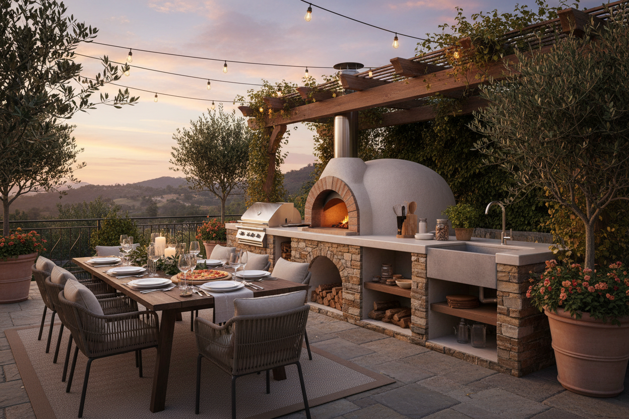 Outdoor wood-fired pizza oven with stone kitchen, built-in grill, dining table set for dinner, pergola and hillside view at sunset