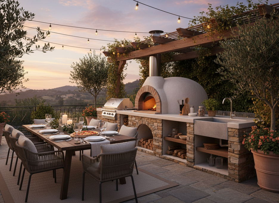 Outdoor wood-fired pizza oven with stone kitchen, built-in grill, dining table set for dinner, pergola and hillside view at sunset