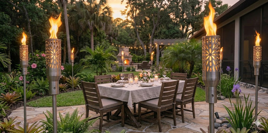 Decorative stainless steel fire torches surrounding outdoor dining table with stone fireplace, string lights and tropical garden at sunset