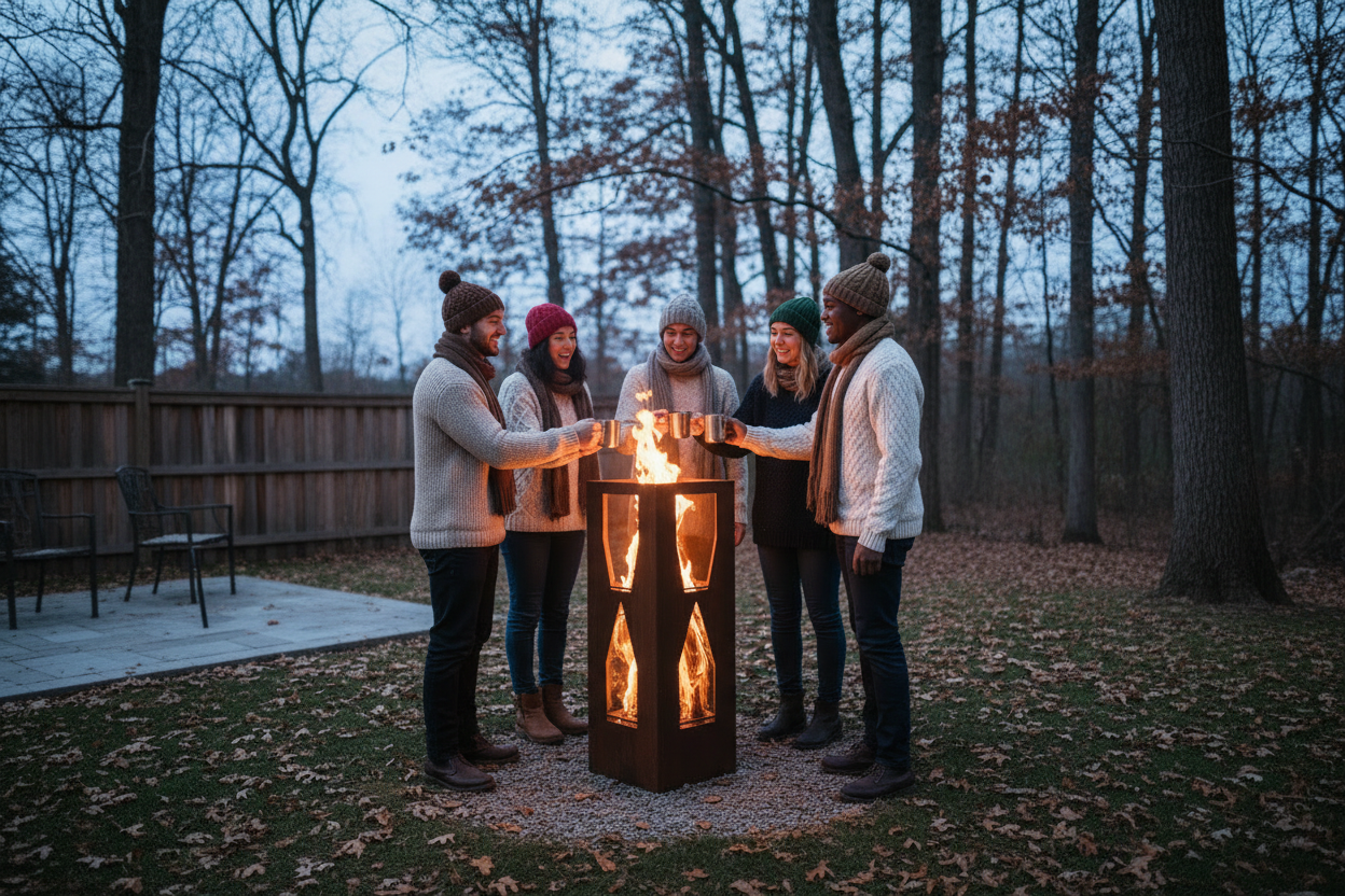 Group of friends gathering around a tall outdoor fire tower with hot drinks on autumn evening in backyard