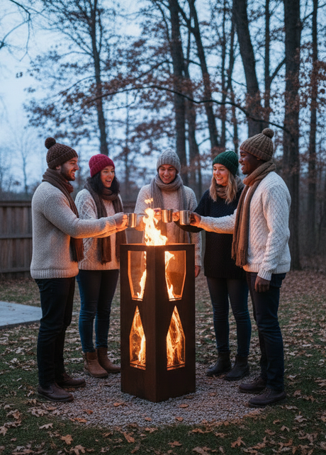 Group of friends gathering around a tall outdoor fire tower with hot drinks on autumn evening in backyard