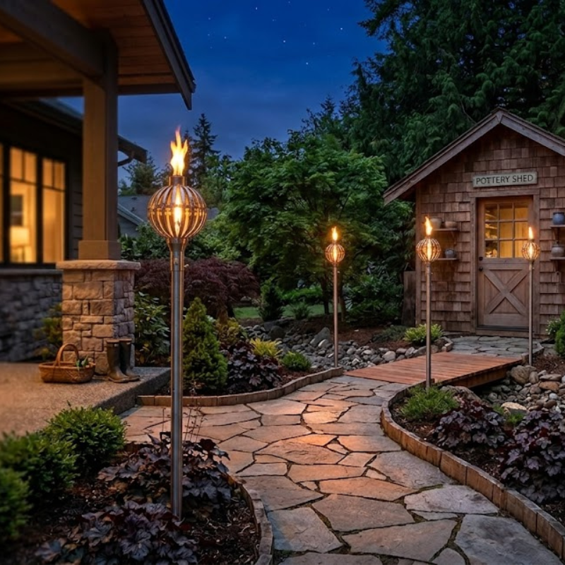 Outdoor garden pathway with decorative torches and a stone building in the background.