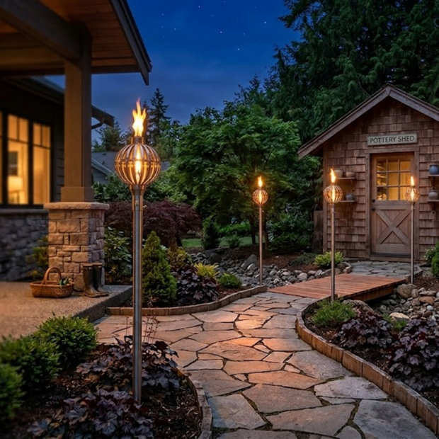 Outdoor garden pathway with decorative torches and a stone building in the background.