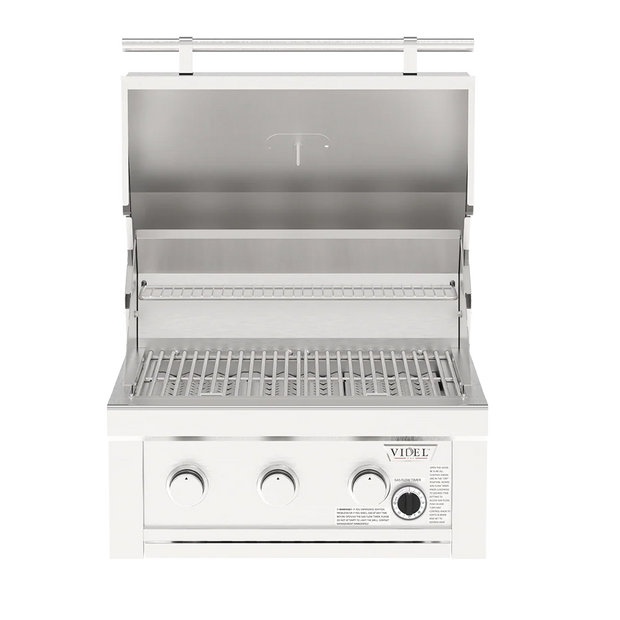 Stainless steel grill with brand logo on a white background