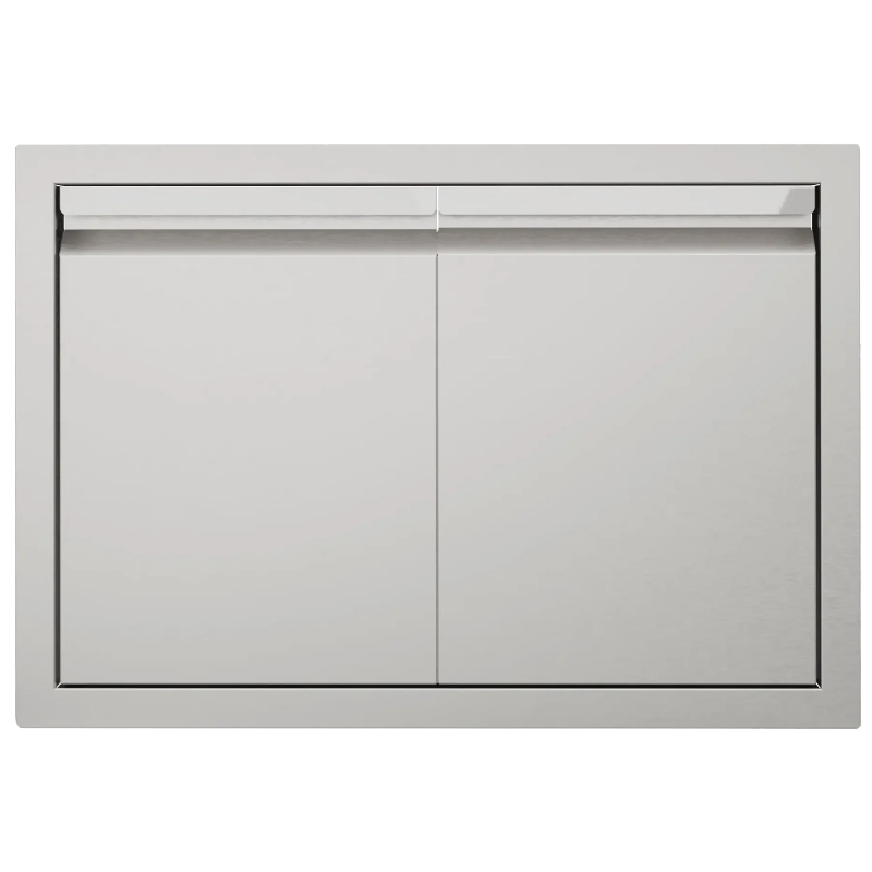 Stainless steel outdoor kitchen cabinet with two doors on a white background