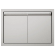 Stainless steel outdoor kitchen cabinet with two doors on a white background