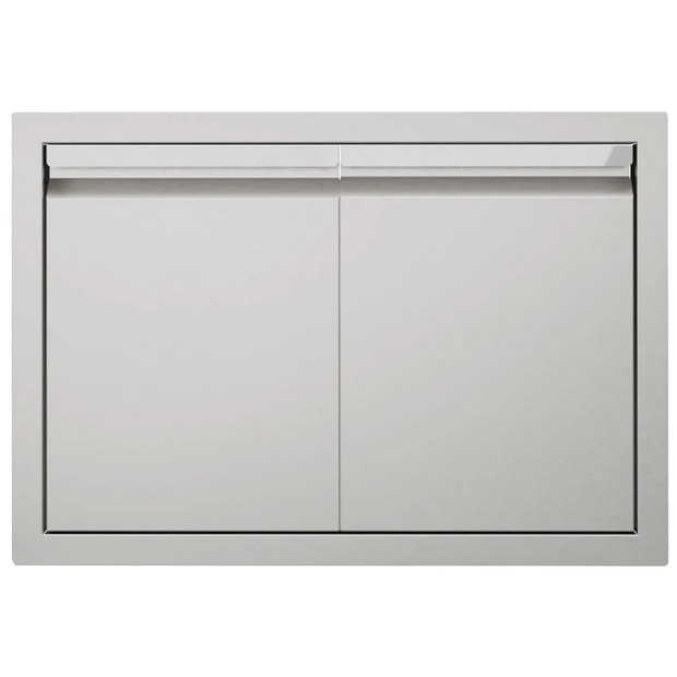 Stainless steel outdoor kitchen cabinet with two doors on a white background