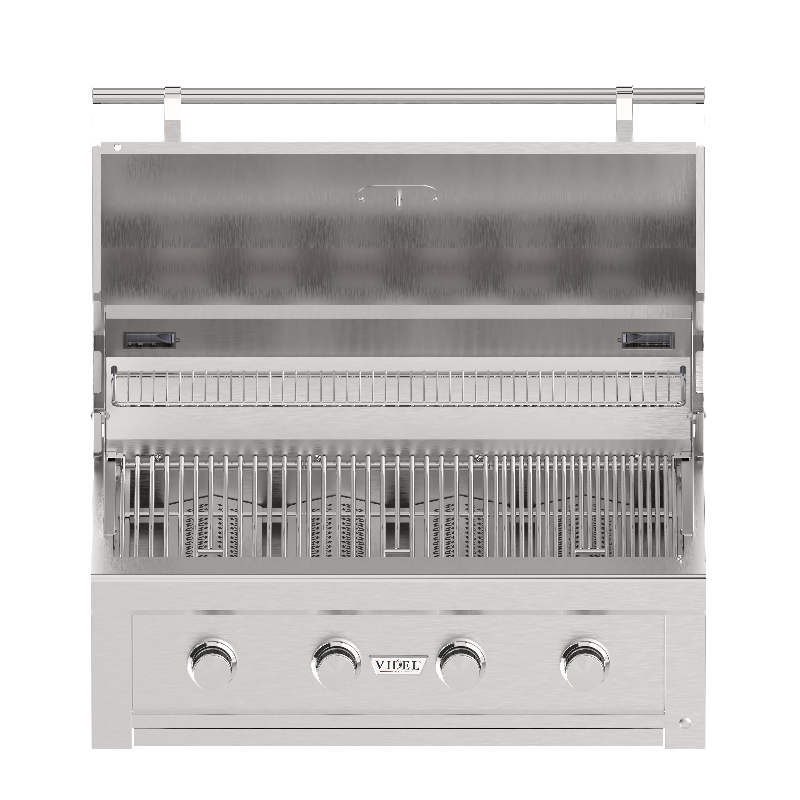 Stainless steel grill with visible brand logo on a white background