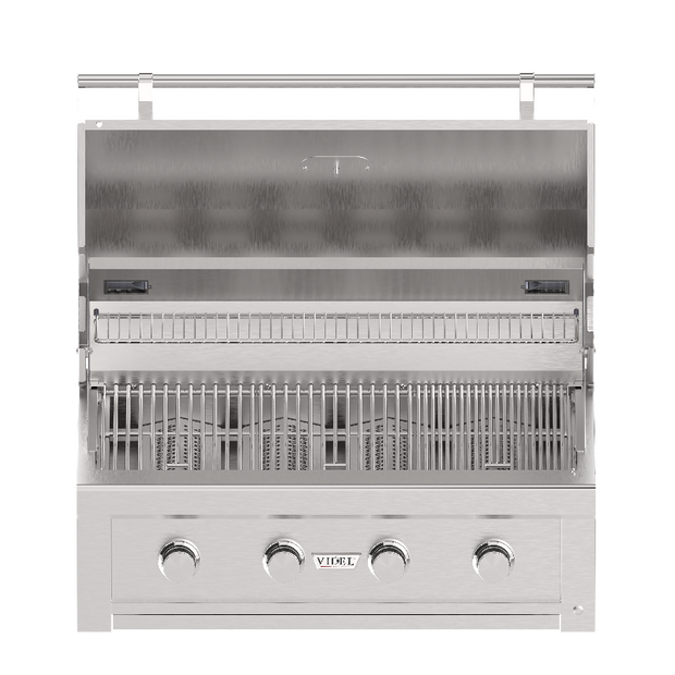 Stainless steel grill with visible brand logo on a white background