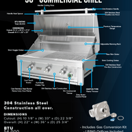 36-inch commercial grill with detailed specifications on a black background