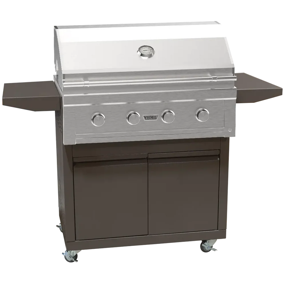 Stainless steel grill with brown base on a white background