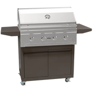 Stainless steel grill with brown base on a white background