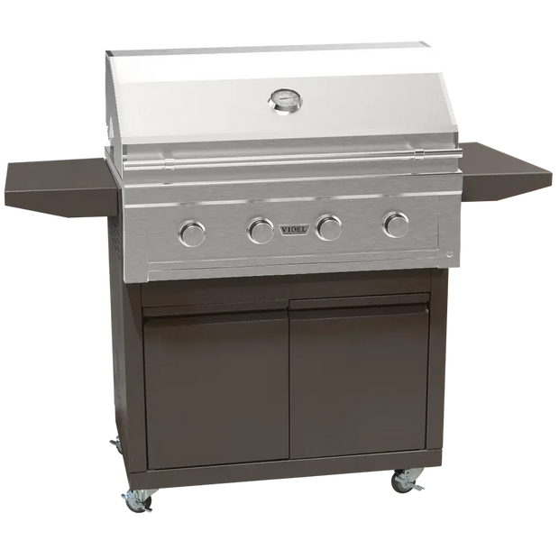Stainless steel grill with brown base on a white background