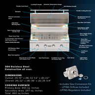 36-inch grill with 4 burners featuring labeled features on a black background