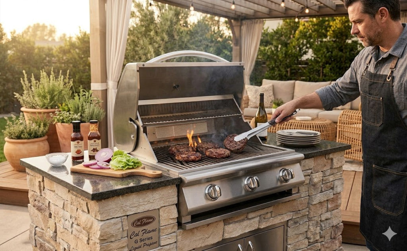 Man grilling outdoors on a stone patio with a barbecue and ingredients.