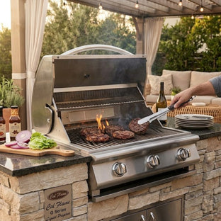 Man grilling outdoors on a stone patio with a barbecue and ingredients.