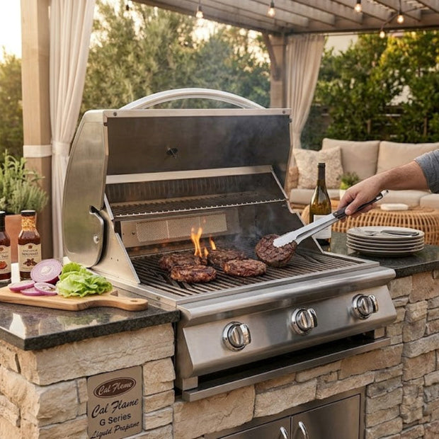 Man grilling outdoors on a stone patio with a barbecue and ingredients.