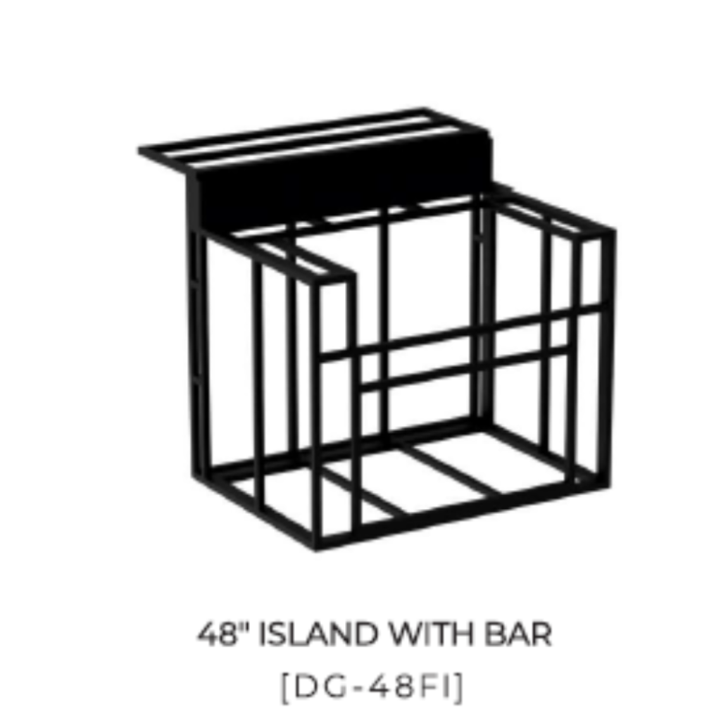 Black outline of a 48-inch island with bar on a white background