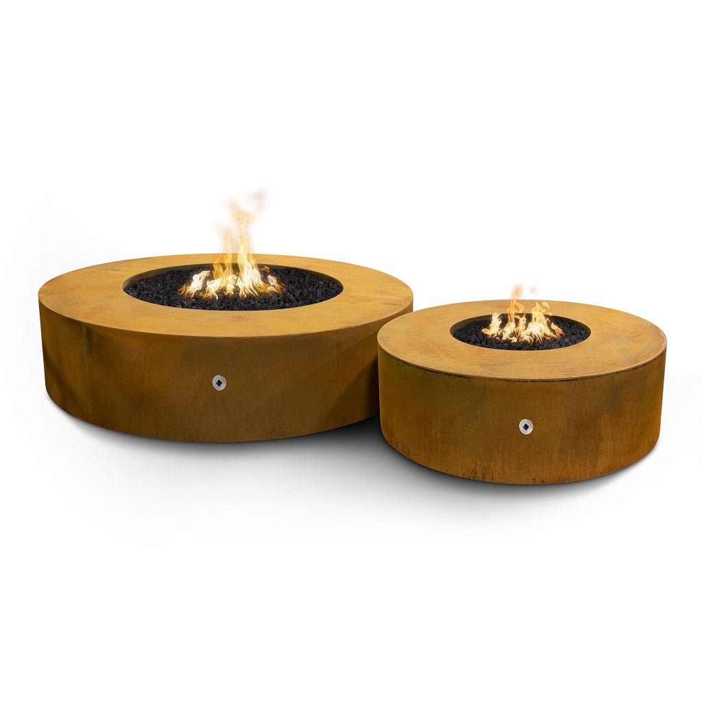 Two round Corten steel fire pits with flames on a white background