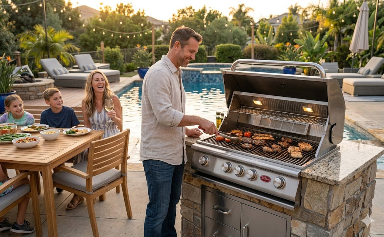 Man grilling outdoors with a family by a poolside