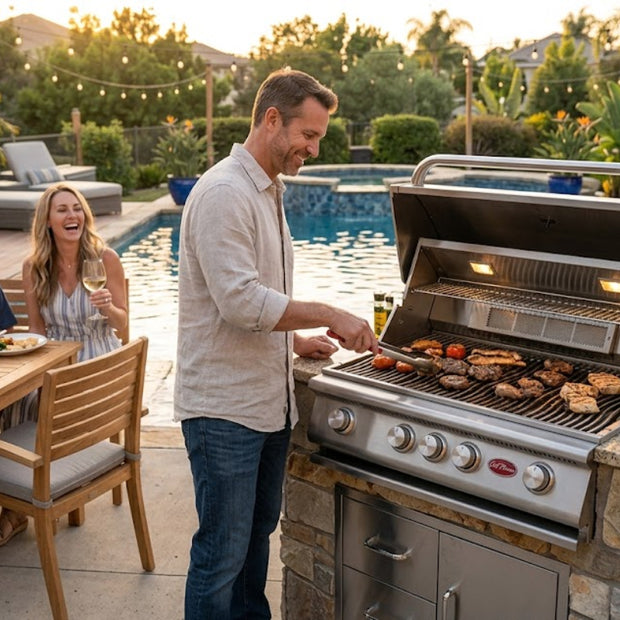 Man grilling outdoors with a family by a poolside